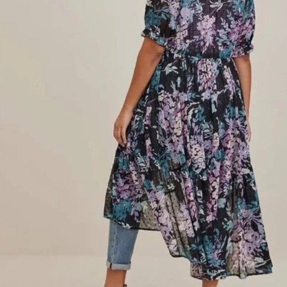 630-24 Torrid Maxi Swiss Dot Floral front tie Kimono Duster Size 2 (16/18) - Picture 7 of 12